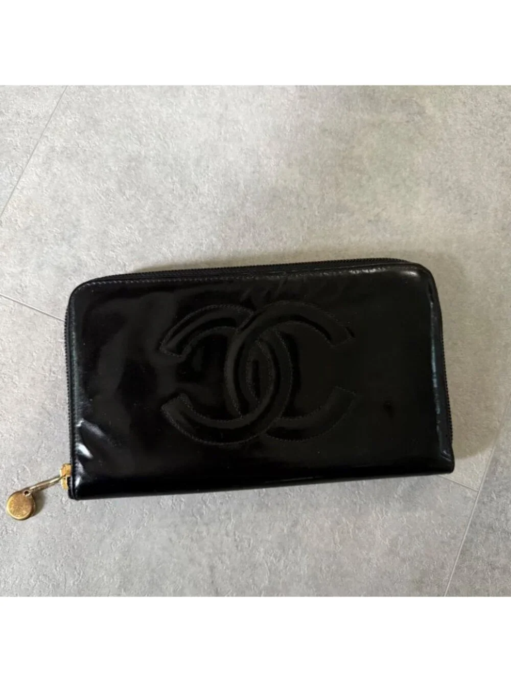 Chanel Round Zipper Long Wallet Coco Patent Leather Decacoco Black